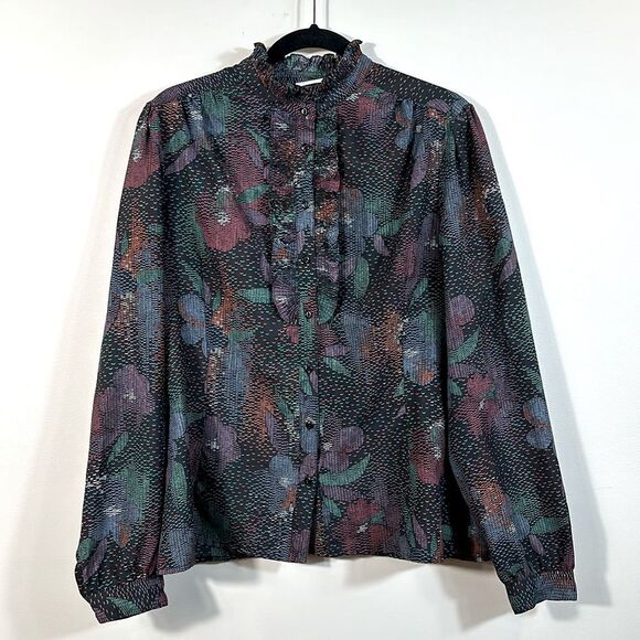 Pykettes Vintage Ruffle Button Front Longsleeve Art to Wear Dark Blouse Medium - Picture 1 of 7